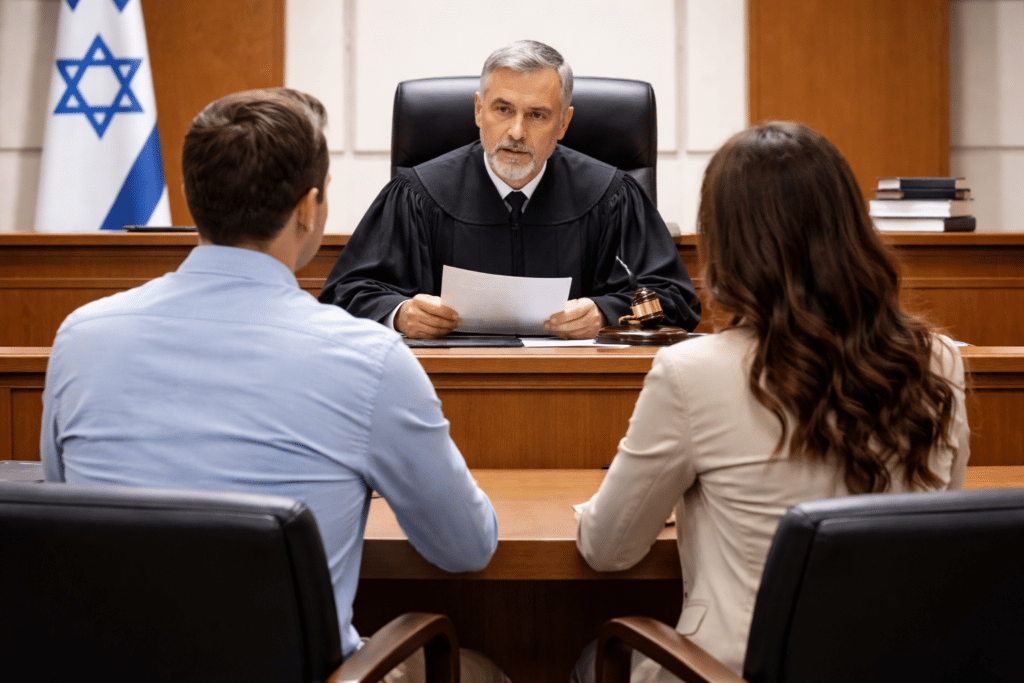 זוג יושב מול שופט באולם בית משפט מודרני במסגרת גירושין אזרחיים בישראל