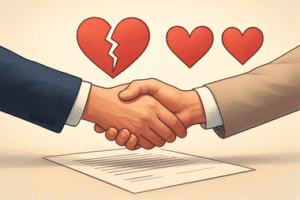 שני אנשים לוחצים ידיים מעל מסמך משפטי בהסכם גירושין