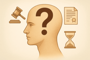 איור של ראש אדם עם סימן שאלה ואייקונים משפטיים סביבו ביטול צו הגנה