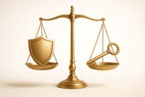 מאזני צדק עם מגן בצד אחד ומפתח בצד שני ביטול צו הגנה