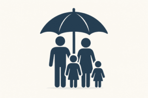 איור של משפחה מוגנת תחת מטרייה המסמלת הגנה משפטית עורך דין למשפחה בב.ס.ר בפתח תקווה