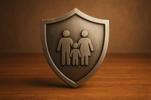 מגן מתכת עם סמל משפחה המסמל ביטחון משפטי צו הגנה מטעם בית המשפט