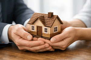 ידיים מחזיקות יחד מודל קטן של בית מעץ המסמל חלוקת רכוש בגירושין