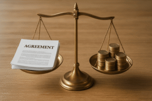 מאזניים עם הסכם משפטי מול מטבעות כסף – הגרוש לא עומד בהסכם