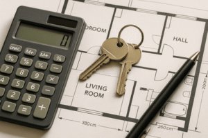 מחשבון, מפתחות ועט מונחים על שרטוט דירה – פירוק שיתוף בדירה בגירושין