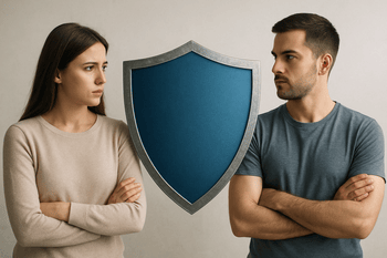 איור של זוג צעיר מופרד באמצעות מגן המסמל הגנה – עורך דין צו הרחקה בפתח תקווה