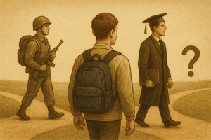 איור של שלושה מסלולים חייל סטודנט ואדם עובד בנושא עד איזה גיל משלמים מזונות לילדים