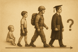 איור של ציר זמן מחיים כתינוק ועד סטודנט עם סימן שאלה בנושא עד איזה גיל משלמים מזונות לילדים