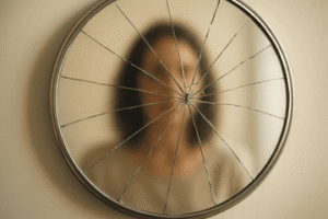 דמות מביטה במראה שבורה עם השתקפות מעוותת – אלימות רגשית מצד בעלי