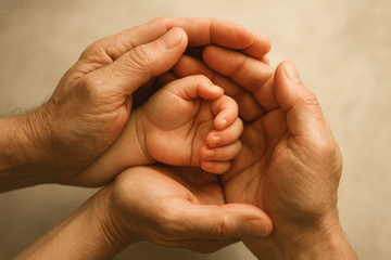 ידיים של מבוגרים מגנות בעדינות על ידיים קטנות של ילד, משמורת ילדים בגירושין