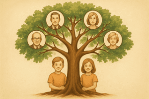 איור סכמטי של עץ משפחה עם ענפים חזקים שמחזיקים את הילדים, משמורת ילדים בגירושין