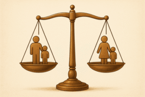 איור של מאזניים מאוזנים עם דמות אב וילד בצד אחד ודמות אם וילד בצד השני, משמורת ילדים ללא נישואין