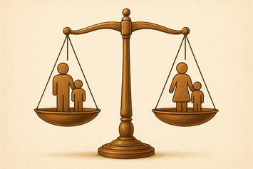 איור של מאזניים מאוזנים עם דמות אב וילד בצד אחד ודמות אם וילד בצד השני, משמורת ילדים ללא נישואין