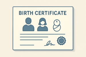 איור של תעודת לידה עם אייקונים של אב, אם ותינוק – משמורת ילדים ללא נישואין