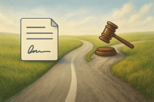 איור של שני נתיבים – האחד רגוע עם מסמך חתום והשני סוער עם פטיש שופט, המסמלים את הבחירה בין הסכם לבין הליך משפטי בנושא משמורת ילדים ללא נישואין