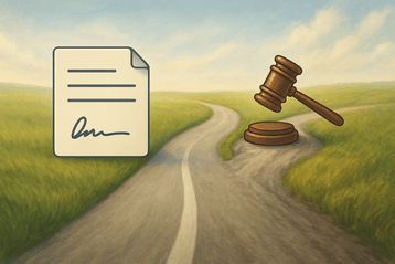 איור של שני נתיבים – האחד רגוע עם מסמך חתום והשני סוער עם פטיש שופט, המסמלים את הבחירה בין הסכם לבין הליך משפטי בנושא משמורת ילדים ללא נישואין