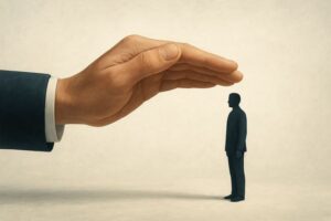 יד מגוננת המושטת לעבר דמות אדם כסמל להגנה ולזכויות משפטיות לנפגעי אלימות מילולית