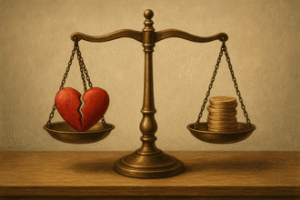 מאזני צדק עם לב שבור ומטבעות זהב הממחישים זכויות משפטיות לנפגעי אלימות מילולית