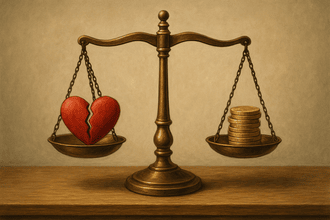 מאזני צדק עם לב שבור ומטבעות זהב הממחישים זכויות משפטיות לנפגעי אלימות מילולית