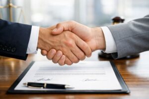 לחיצת ידיים מעל מסמך משפטי הממחישה הסכמה והבנה בהסכם ממון הגנה על מניות ואופציות