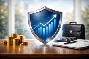 מגן עם גרף מניות עולה הממחיש הסכם ממון הגנה על מניות ואופציות