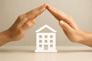 שתי ידיים יוצרות גג מעל בניין עסקי כסמל להגנה עורך דין גירושין בעלי חברות