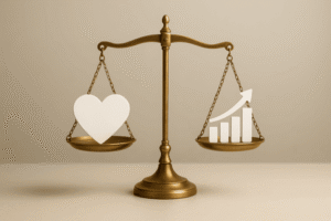 מאזניים שעליהם לב מול גרף צמיחה עסקי שממחישים איזון בין רגש לכסף עורך דין גירושין בעלי חברות