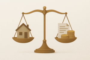 מאזניים שעליהם בית ומטבעות לתיאור איזון משאבים עורך דין גירושין כלכלי