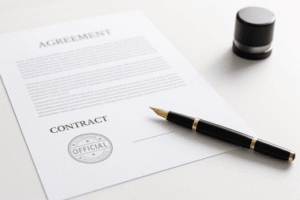 מסמך משפטי חתום עם חותמת רשמית ועט נובע עורך דין גירושין בעלי חברות