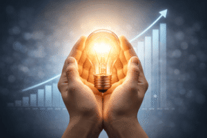 נורה דולקת מוגנת בכפות ידיים על רקע גרף עולה הממחישה הסכם ממון ליזמים