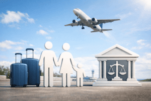 משפחה עם מזוודות ליד סמל בית משפט ומטוס עורך דין אישור יציאה מהארץ