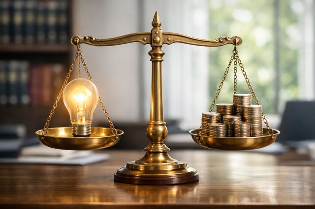 איור מאזניים המאזנים בין רעיון עסקי לכסף – הגנה על מוניטין עסקי בגירושין