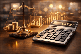 מאזניים ומחשבון המייצגים שקילה פיננסית של עסק במסגרת הערכת שווי חברה בגירושין