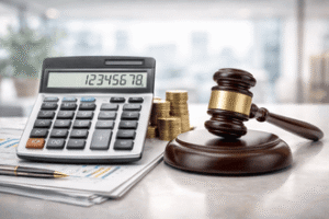 מחשבון לצד פטיש שופטים הממחיש חישוב זכויות בחלוקת מניות בגירושין