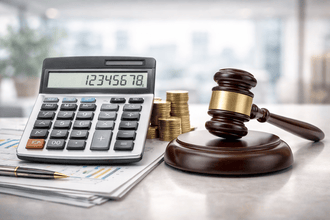 מחשבון לצד פטיש שופטים הממחיש חישוב זכויות בחלוקת מניות בגירושין