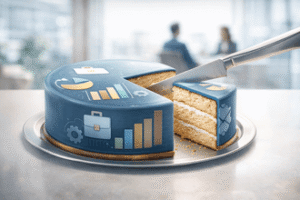 איור סכמטי של עוגה עסקית המחולקת לשני חלקים לא שווים חלוקת מניות בגירושין