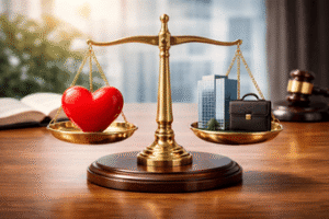 מאזניים מאוזנים עם לב ובניין משרדים הממחישים הסכם ממון לבעלי עסקים