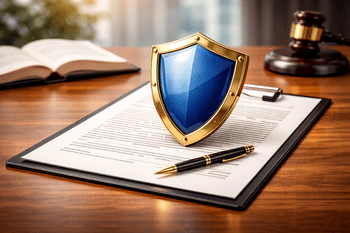 מסמך משפטי עם מגן הממחיש הגנה משפטית באמצעות הסכם ממון לבעלי עסקים