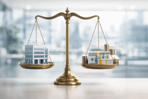 מאזניים שמאזנים בין מבנה עסקי לנכסים פיננסיים איזון משאבים בחברה משפחתית