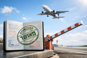 דרכון פתוח עם חותמת מאושר ומטוס ממריא ברקע עורך דין אישור יציאה מהארץ