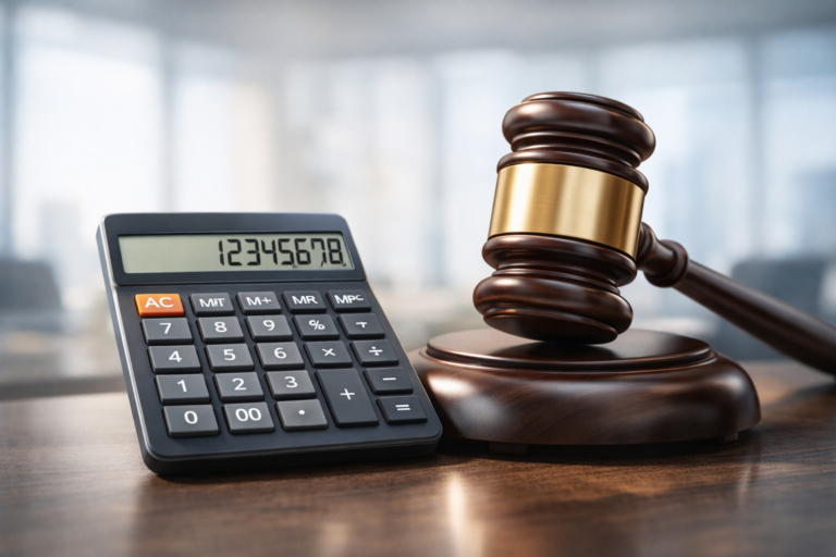 מחשבון פיננסי לצד פטיש שופטים הממחישים חישוב והכרעה משפטית במסגרת חלוקת אופציות (RSUs) בגירושין