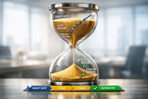 שעון חול הממחיש את ציר הזמן והבשלת זכויות במסגרת חלוקת אופציות (RSUs) בגירושין