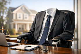 חליפה עסקית על כיסא מנהלים ברקע צללית בית המדגישה עורך דין גירושין צווארון לבן