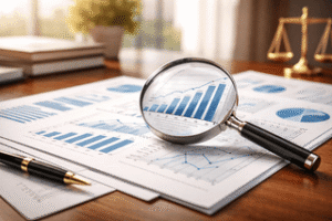 זכוכית מגדלת על מסמכים פיננסיים עם גרפים המדגישה עורך דין גירושין צווארון לבן