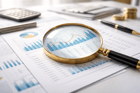 זכוכית מגדלת בוחנת מסמכים פיננסיים וגרפים בהקשר של חלוקת רכוש בגירושין במקרה של בגידה