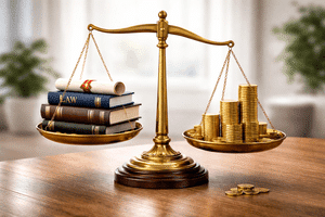 מאזניים שוקלים ספרים ותעודות מול מטבעות זהב בהקשר של חלוקת נכסי קריירה בגירושין